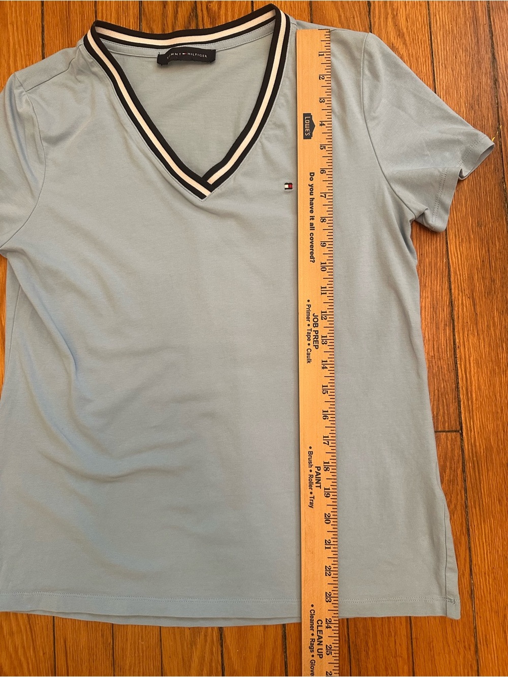 Tommy Hilfiger Blue V Neck T Shirt Striped Trim Preppy Logo Cotton Tee 1124 - Picture 5 of 7